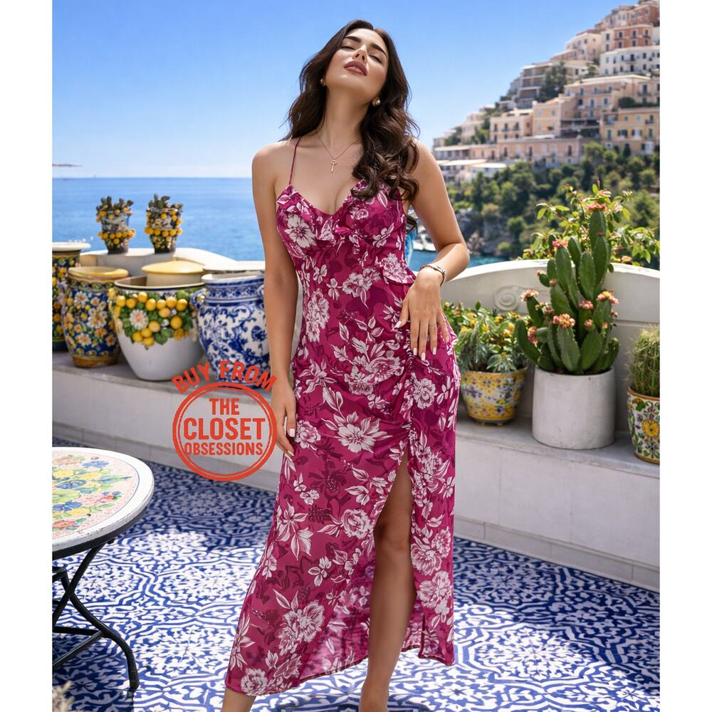 Zara NWT Pink Floral Strappy V Neck Side Slit Midi Slip Dress L XL - Picture 6 of 16